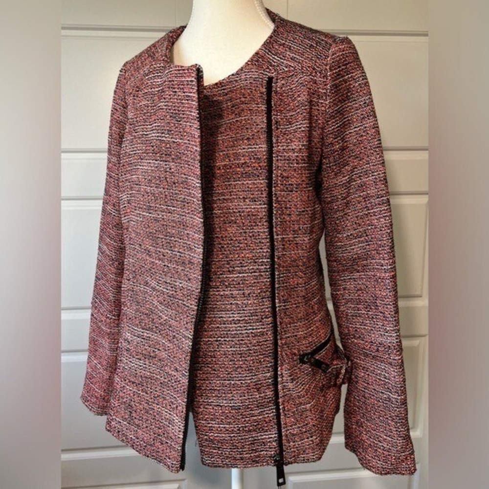NWT Iconic Trend Asymmetric Zip Jacket Women 12 Black Neon Orange Tweed Moto - Picture 13 of 14